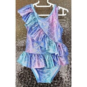 Sol Girls Swimsuit 2T• Mermaid Scale 1‑Piece Bathing Suit + Matching Sunhat• EUC